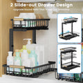 Under Sink Organizer 2 Pack, 2 Tier Upgraded Slide Out under Sink Storage, 5 Height Adjustable Pull Out Cabinet Organizer Drawers for Kitchen Bathroom, Thickened Metal Sink Storage Shelves, Black