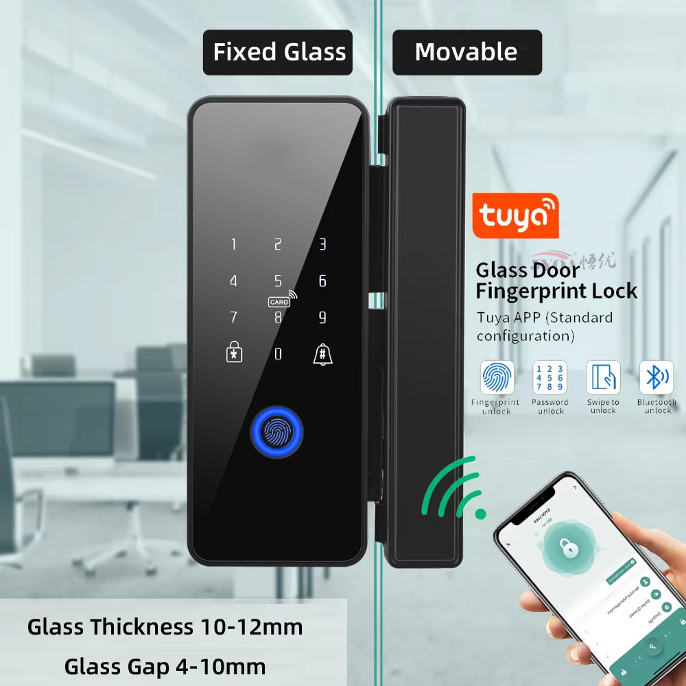 Tuya APP Glasses Fingerprint Lock Bluetooth Smart Glass Door Biometric Electronic Door Lock 13.56Mhz RFID Remote Control Unlock