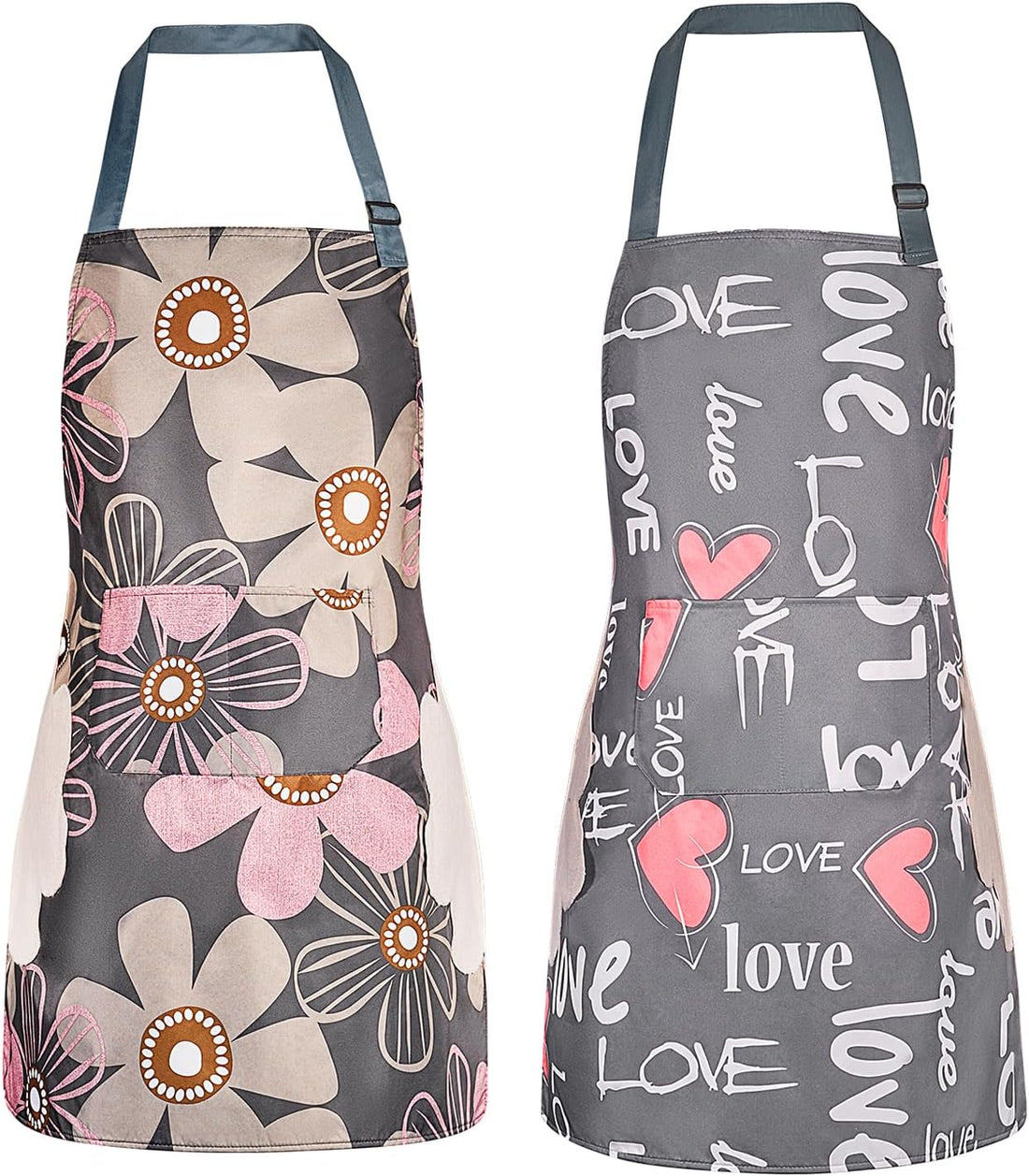 2 Pack Floral Aprons with Pocket Blooming Womens Waterproof Adjustable Cooking Aprons Kitchen Gardening Salon