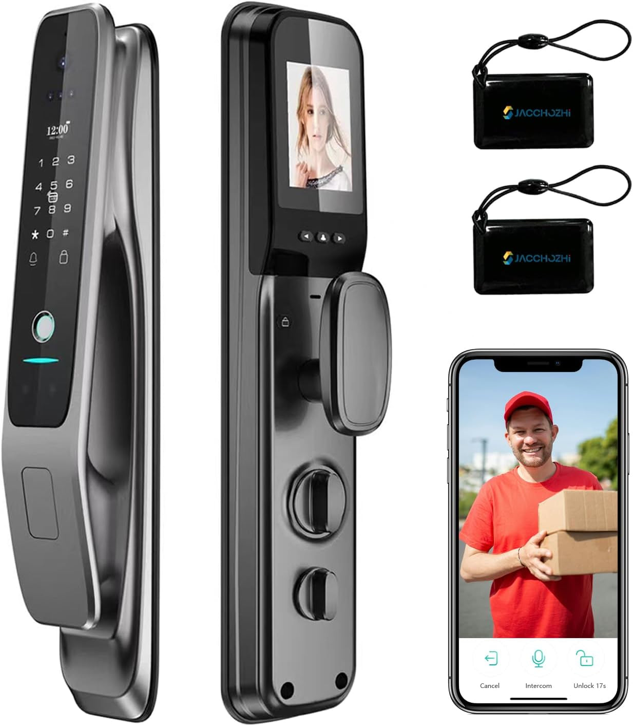 3D Face Recognition Smart Door Lock,Contactless Entry Smart Lock with Video Doorbell Camera,Wifi Digital Aluminum Face ID Fingerprint Smart Mortise Lock for Front Door
