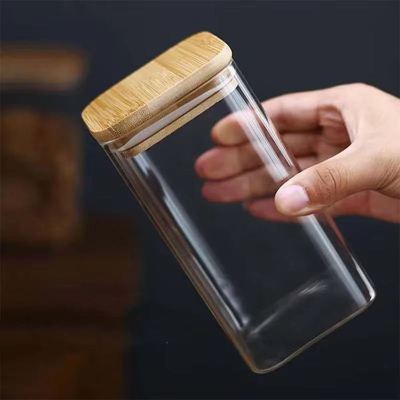 Squared Transparent Glass Food Storage Jar with Lid Tea Coffee Beans Container Snack Nuts Sealed Box Kitchen Organizer