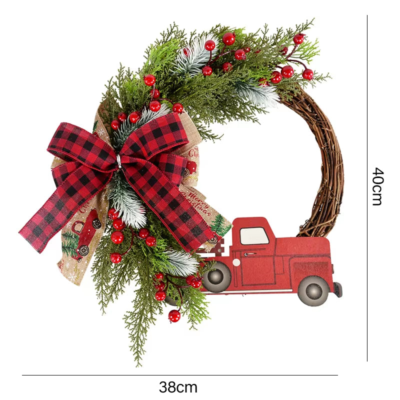 38CM Christmas Door Wreath Garland Wooden Car Red Berry Wall Hanging Ornament Merry Christmas Decoration for Home New Year 2025